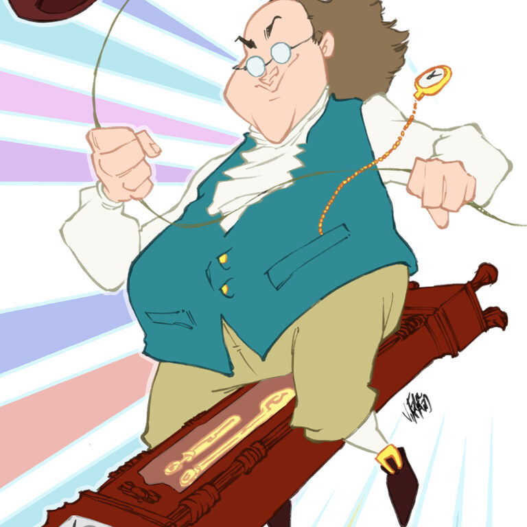Ben Franklin Riding a Grandfather Clock